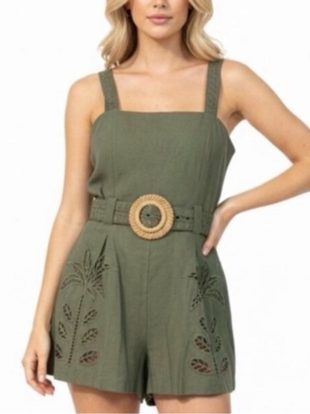 NWT Caroline Constas Olive Linen Sleeveless Boho Belted Romper Boho Palm Print L